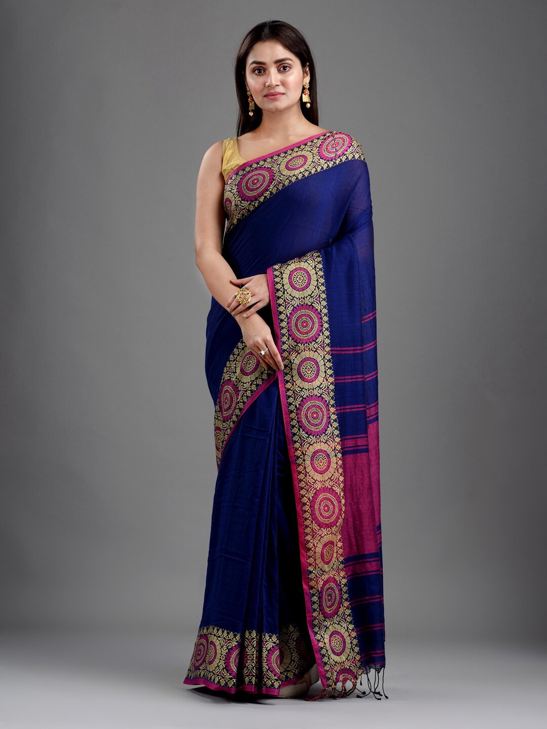 

Mitera Blue & Magenta Pure Cotton Saree With Woven Design Border