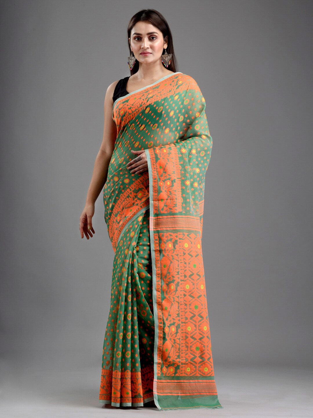 

Mitera Green & Orange Floral Silk Cotton Jamdani Saree
