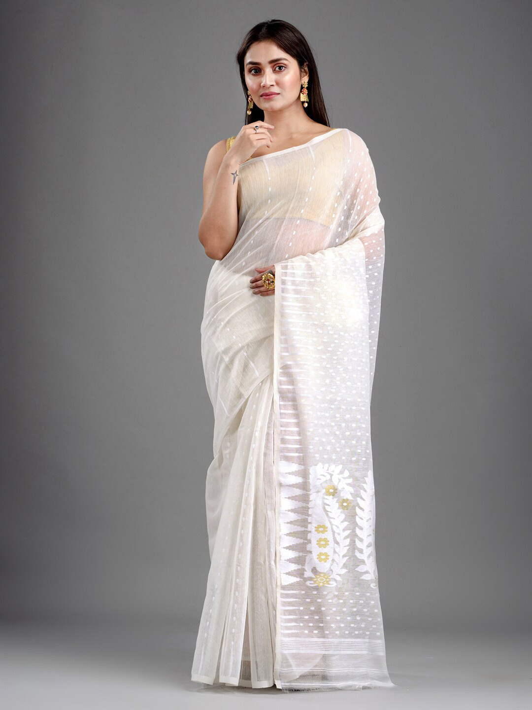 

Mitera Women White Woven Design Silk Cotton Saree