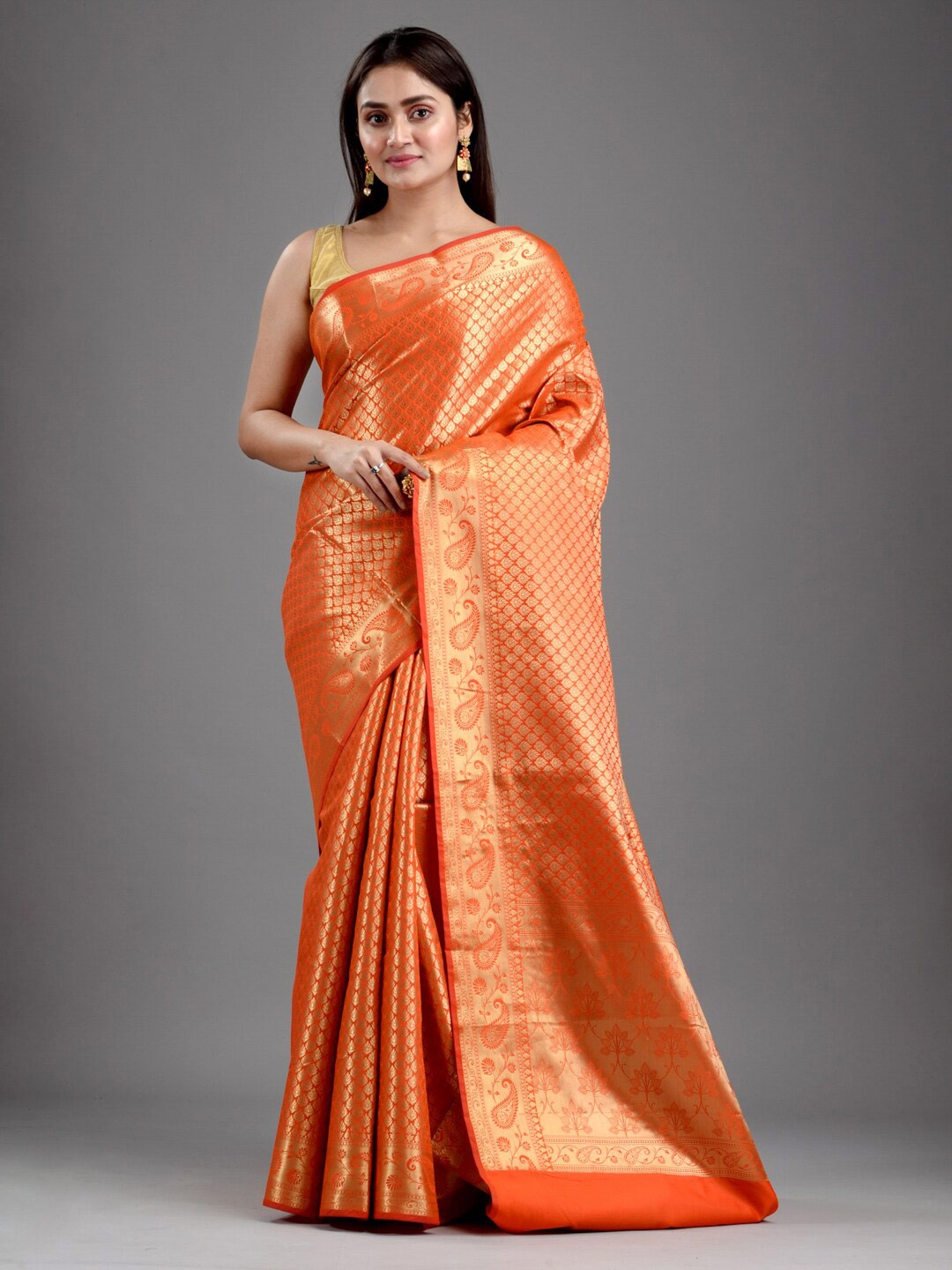 

Mitera Orange & Gold-Toned Woven Design Zari Art Silk Saree