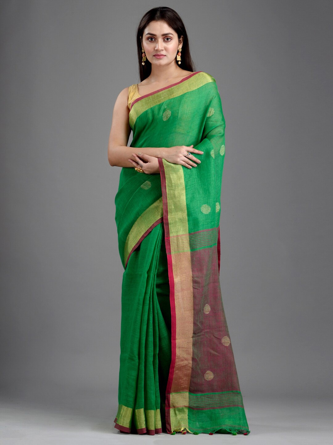 

Mitera Green & Red Ethnic Motifs Zari Pure Linen Saree