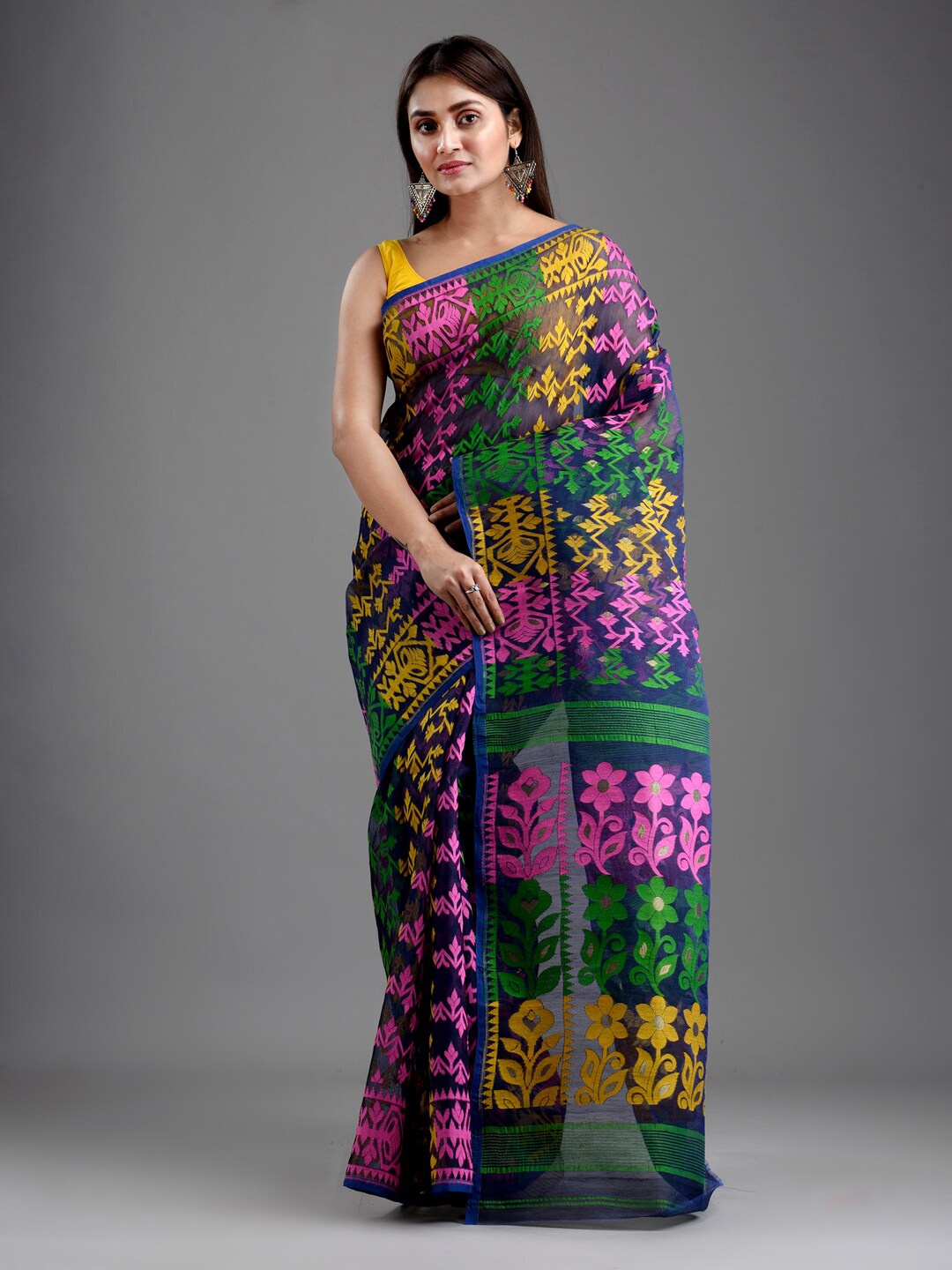 

Mitera Navy Blue & Pink Silk Cotton Jamdani Saree