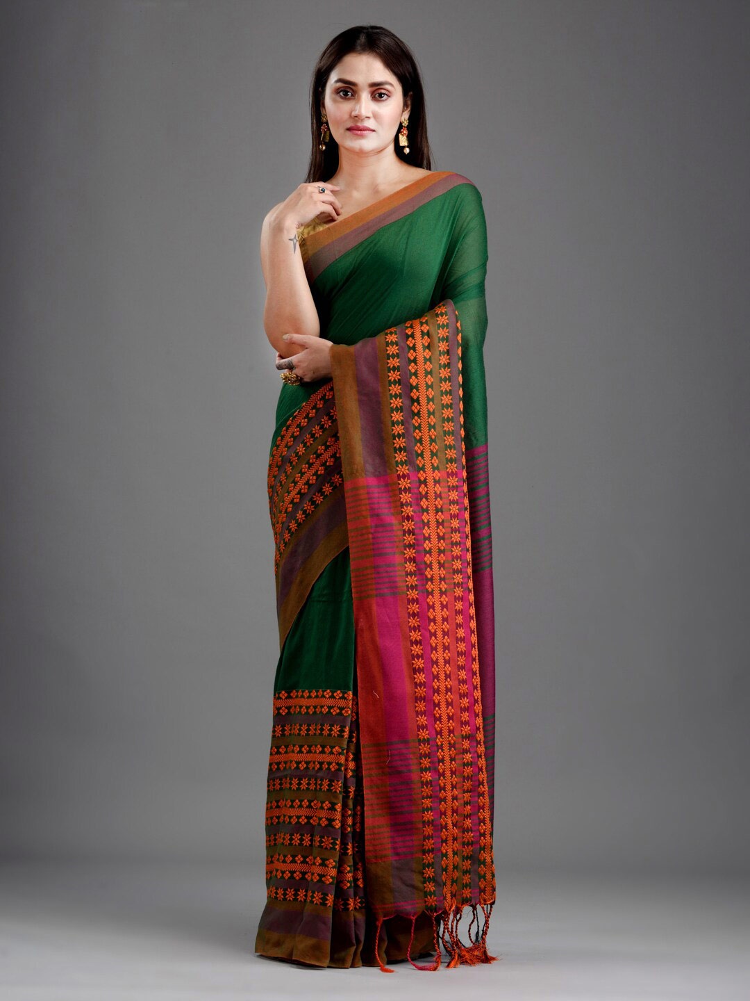 

Mitera Green & Orange Woven Design Pure Cotton Saree