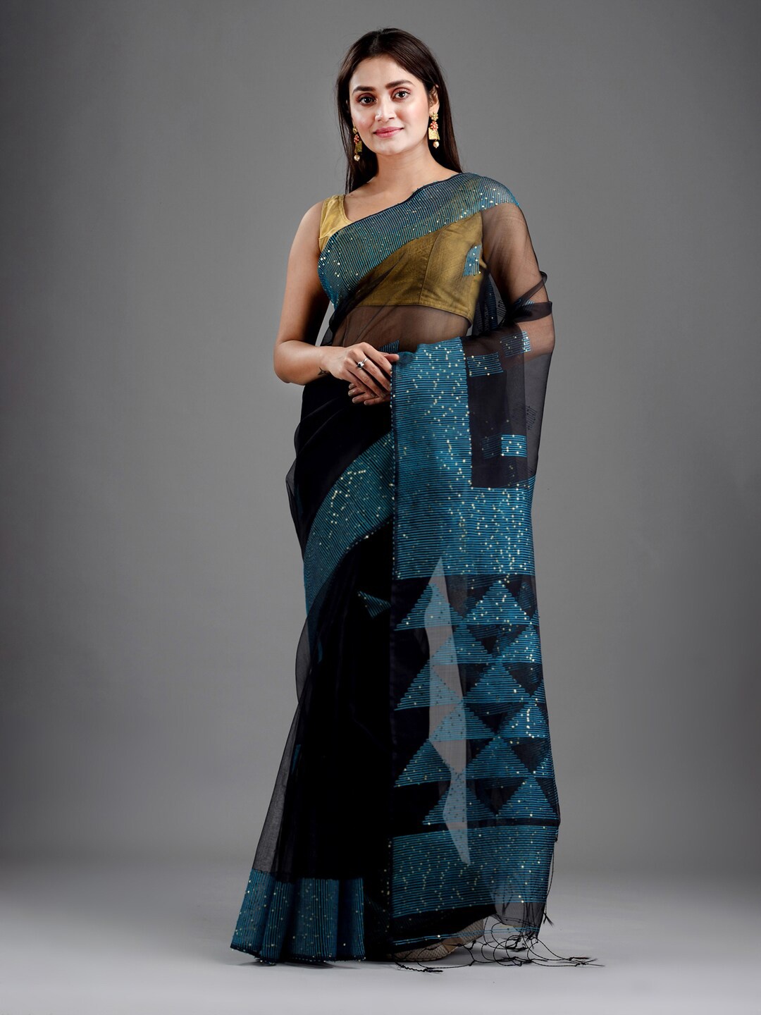 

Mitera Black & Blue Ethnic Motifs Sequinned Art Silk Jamdani Saree