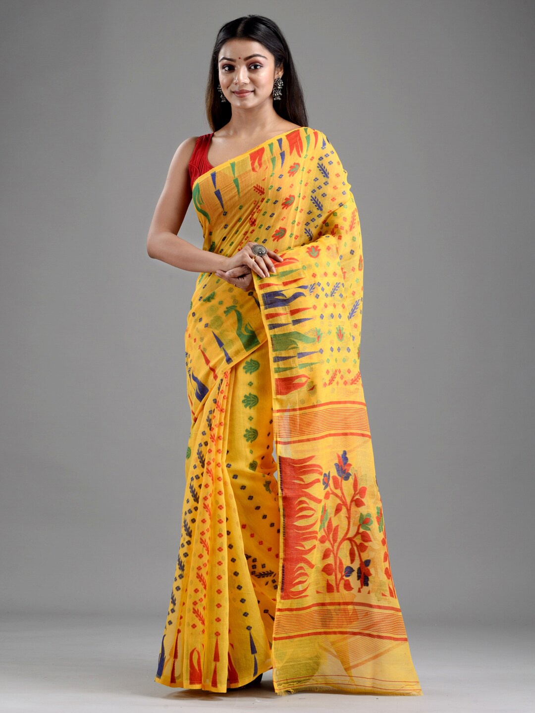 

Mitera Yellow & Red Ethnic Motifs Silk Cotton Jamdani Saree