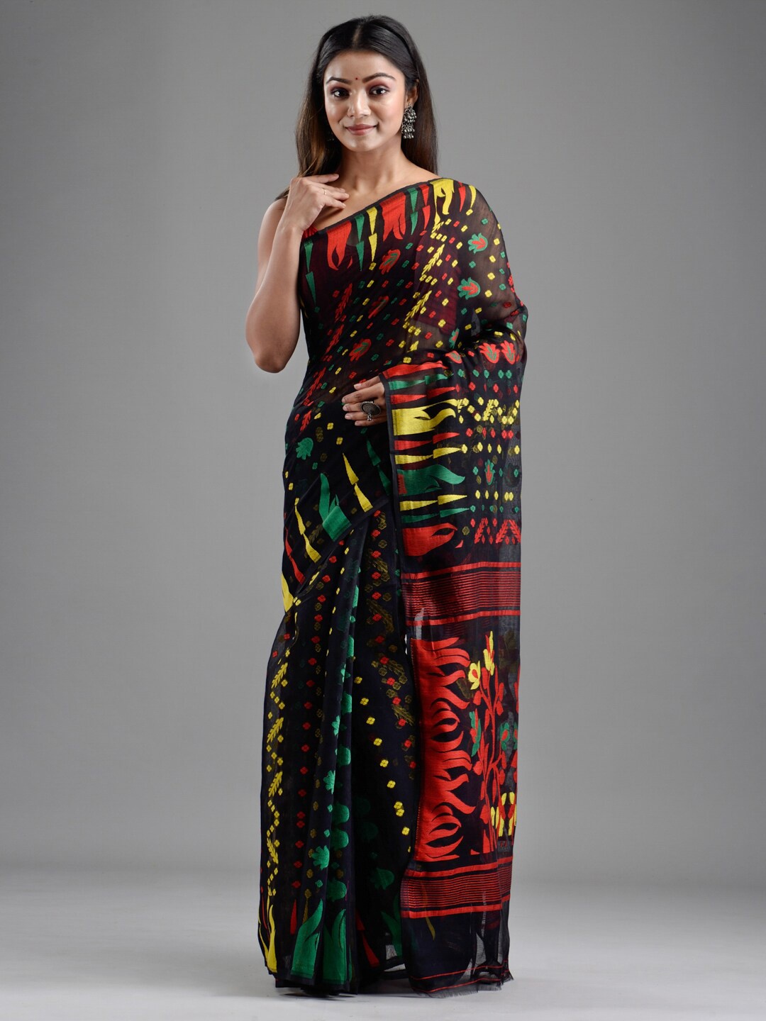 

Mitera Black & Red Woven Design Silk Cotton Jamdani Saree