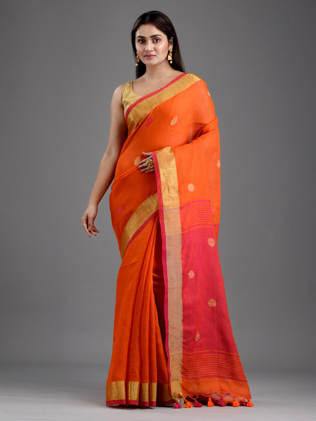

Mitera Orange Pure Linen Saree