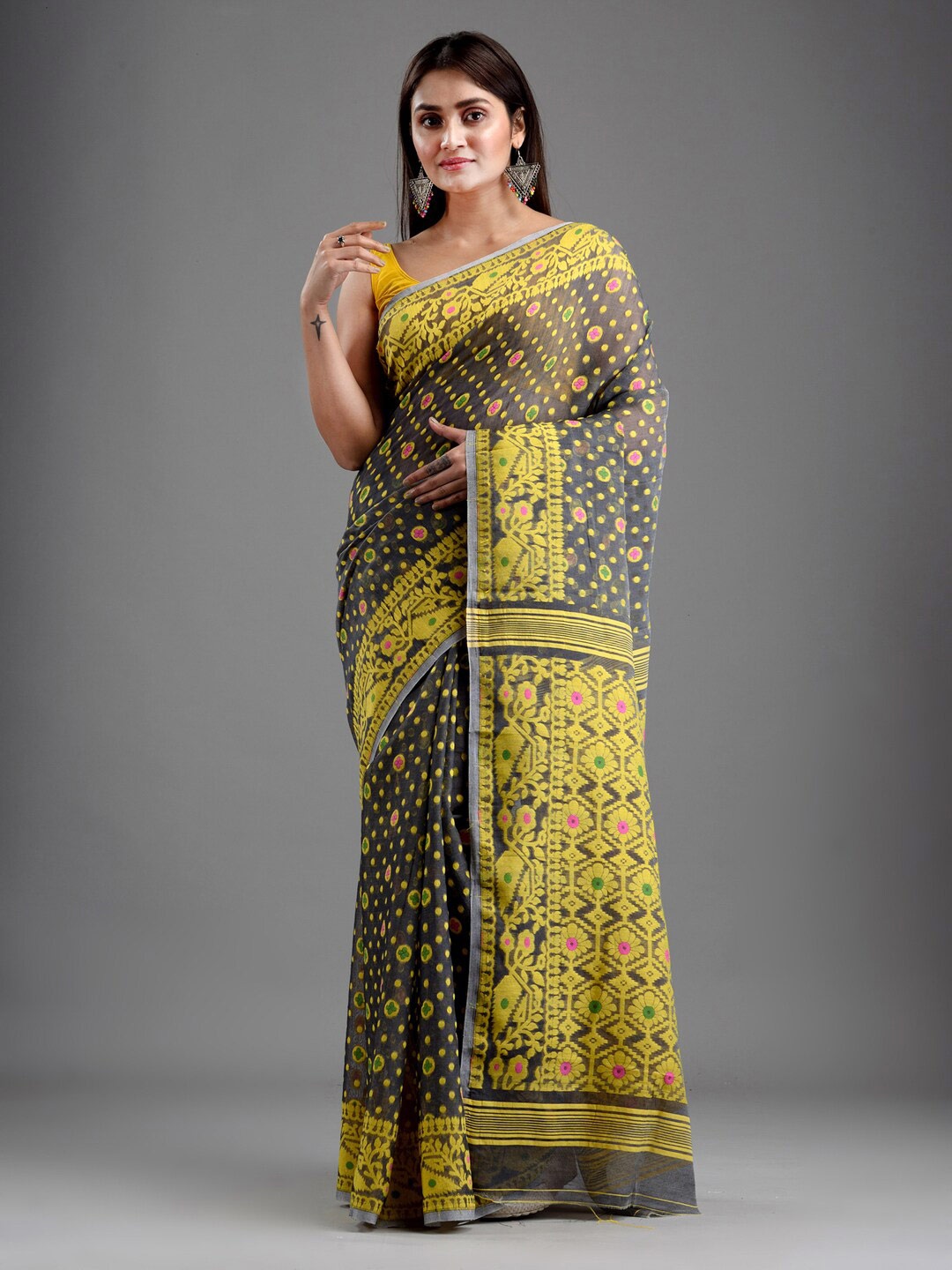 

Mitera Grey & Yellow Woven Design Silk Cotton Jamdani Saree