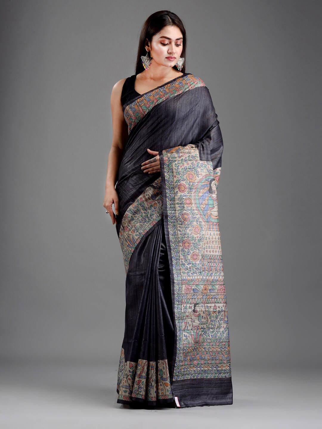 

Mitera Black & Blue Ethnic Motifs Pure Silk Saree