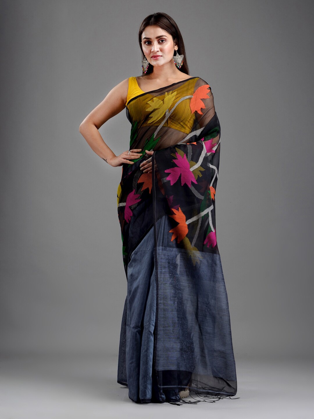 

Mitera Blue & Orange Floral Woven Design Dhakai Saree