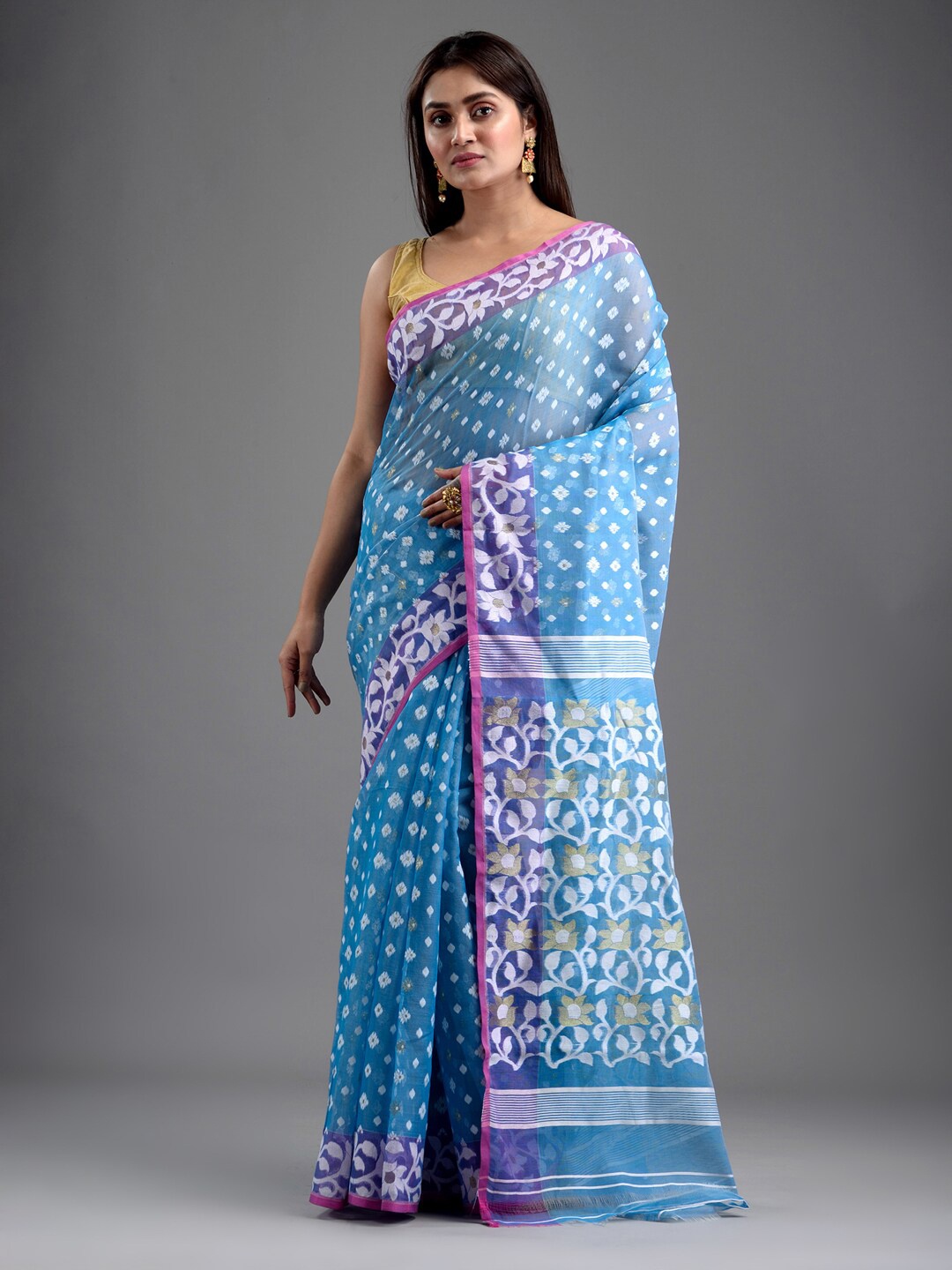 

Mitera Blue & White Floral Silk Cotton Jamdani Saree