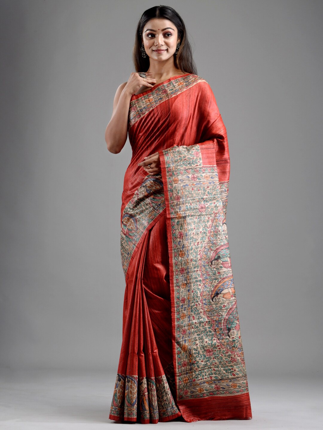 

Mitera Red & Blue Floral Madhubani Handpainted Pure Silk Saree