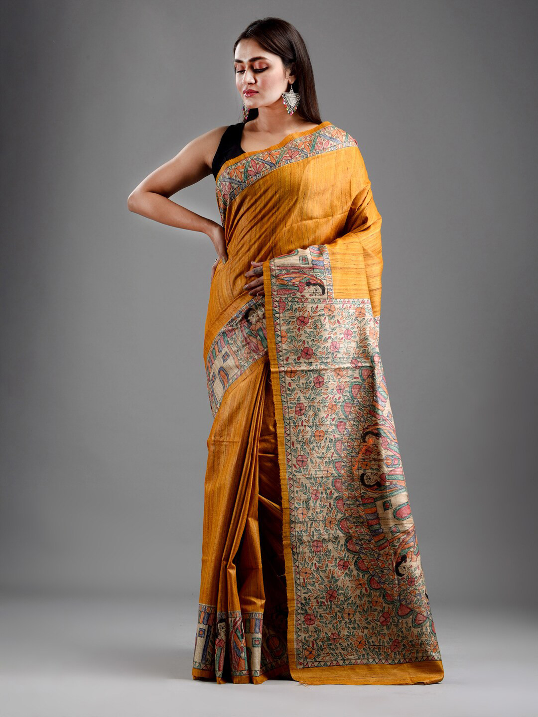 

Mitera Mustard & Green Ethnic Motifs Pure Silk Saree