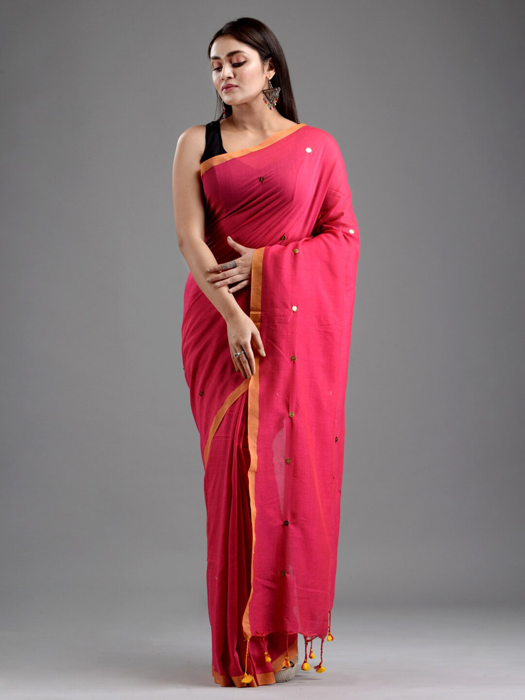 

Mitera Women Pink & Orange Mirror Work Handloom Pure Cotton Saree