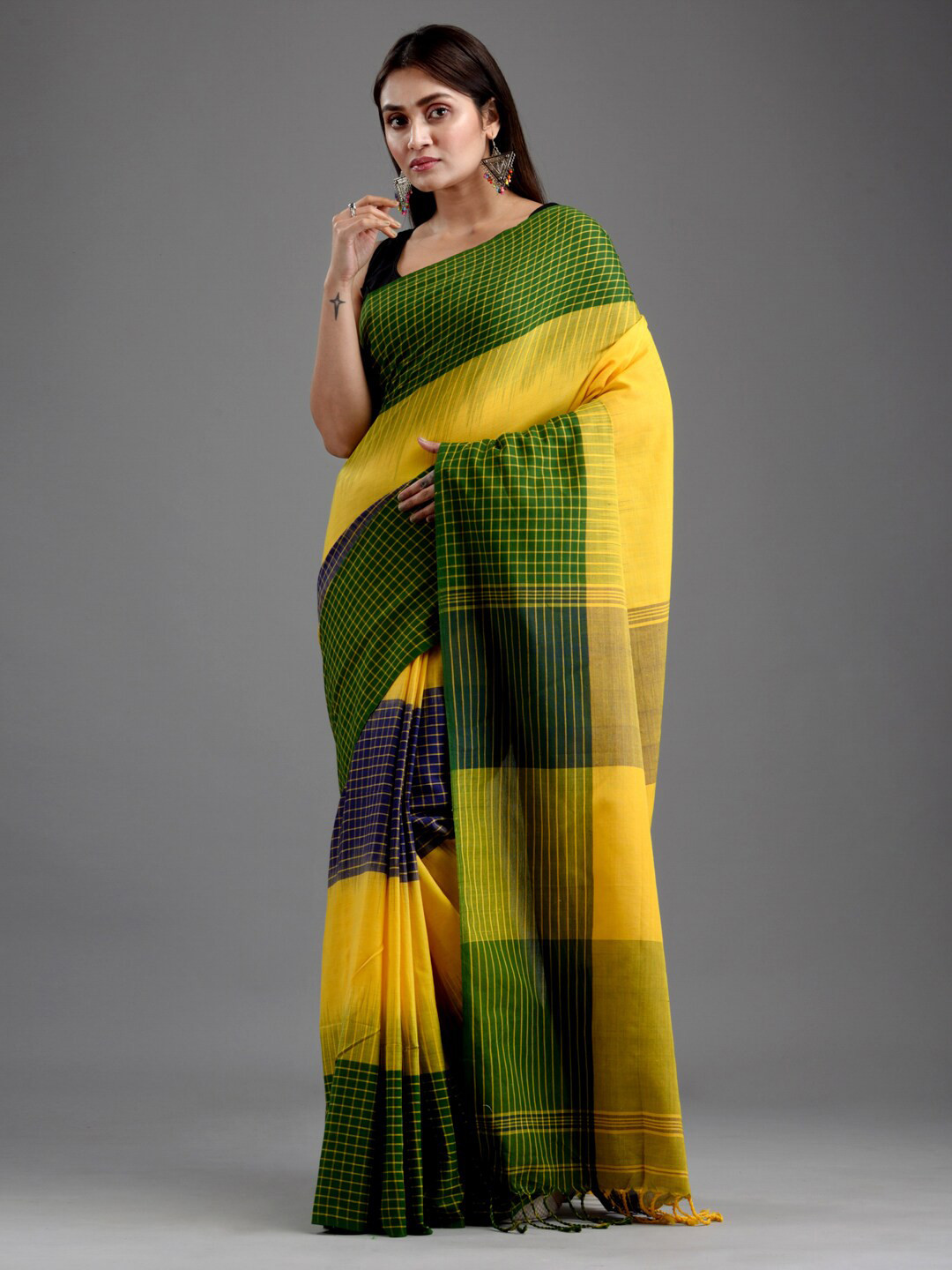 

Mitera Yellow & Green Checked Pure Cotton Saree