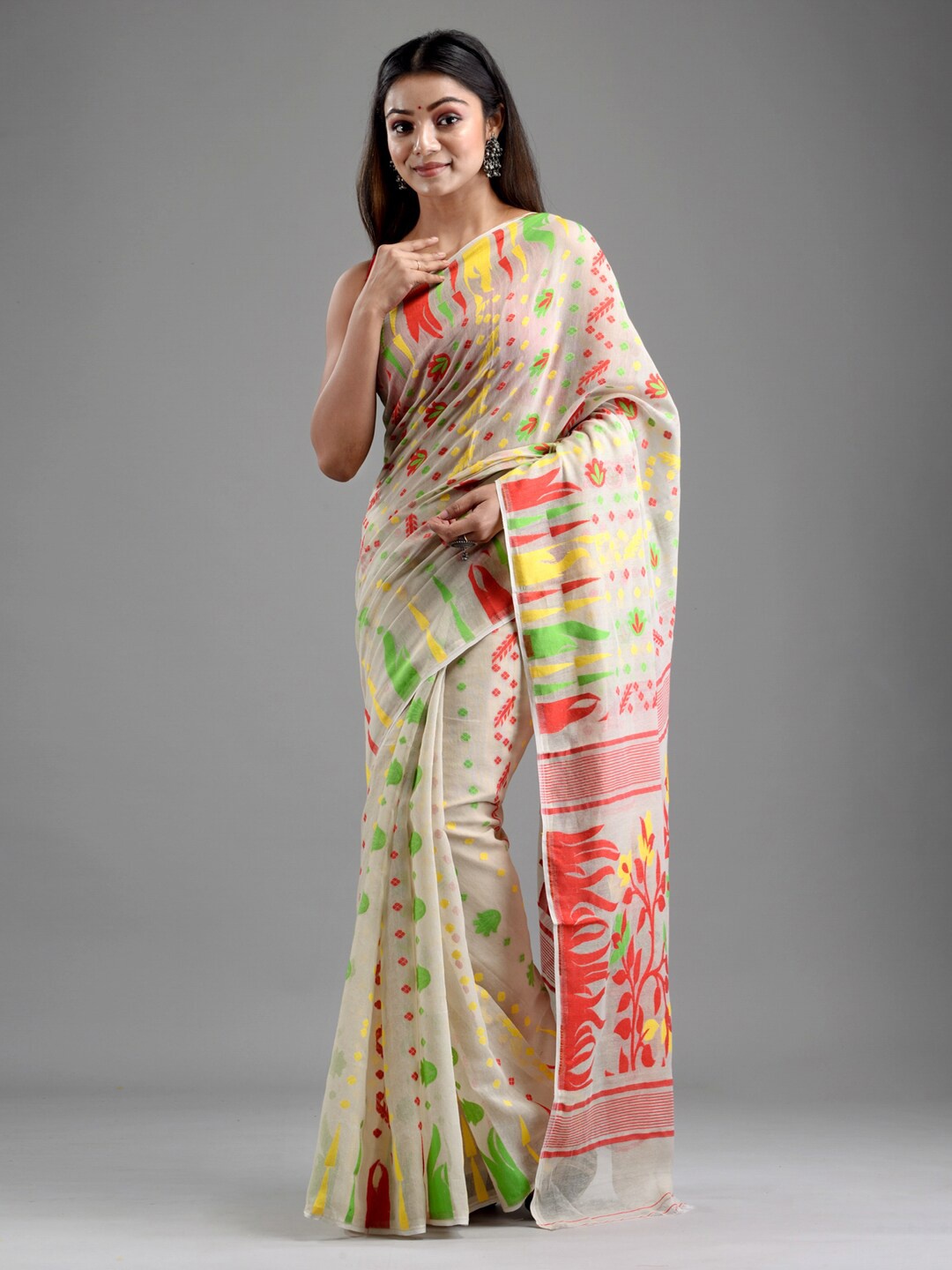 

Mitera Beige & Green Woven Design Silk Cotton Jamdani Saree