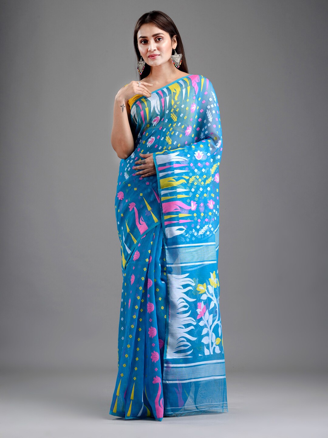 

Mitera Blue & Yellow Floral Silk Cotton Jamdani Handloom Saree
