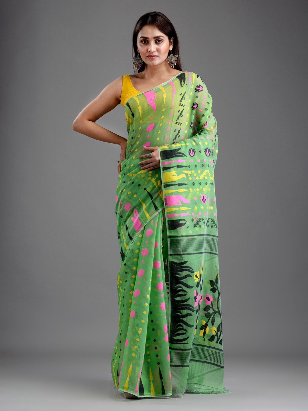 

Mitera Green & Pink Ethnic Motifs Silk Cotton Jamdani Saree