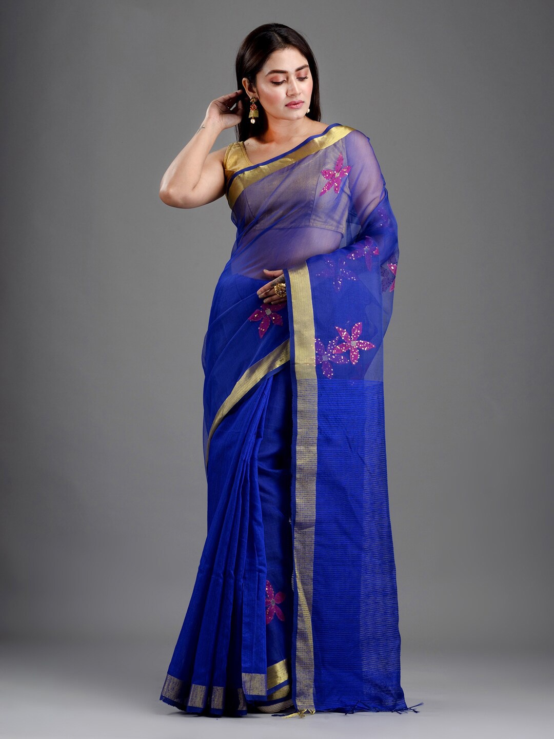 

Mitera Blue & Magenta Floral Art Silk Jamdani Saree