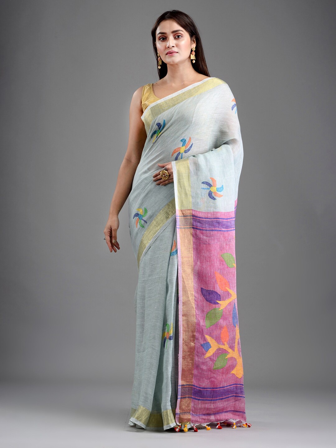 

Mitera Women Sea Green Woven Design Pure Linen Saree