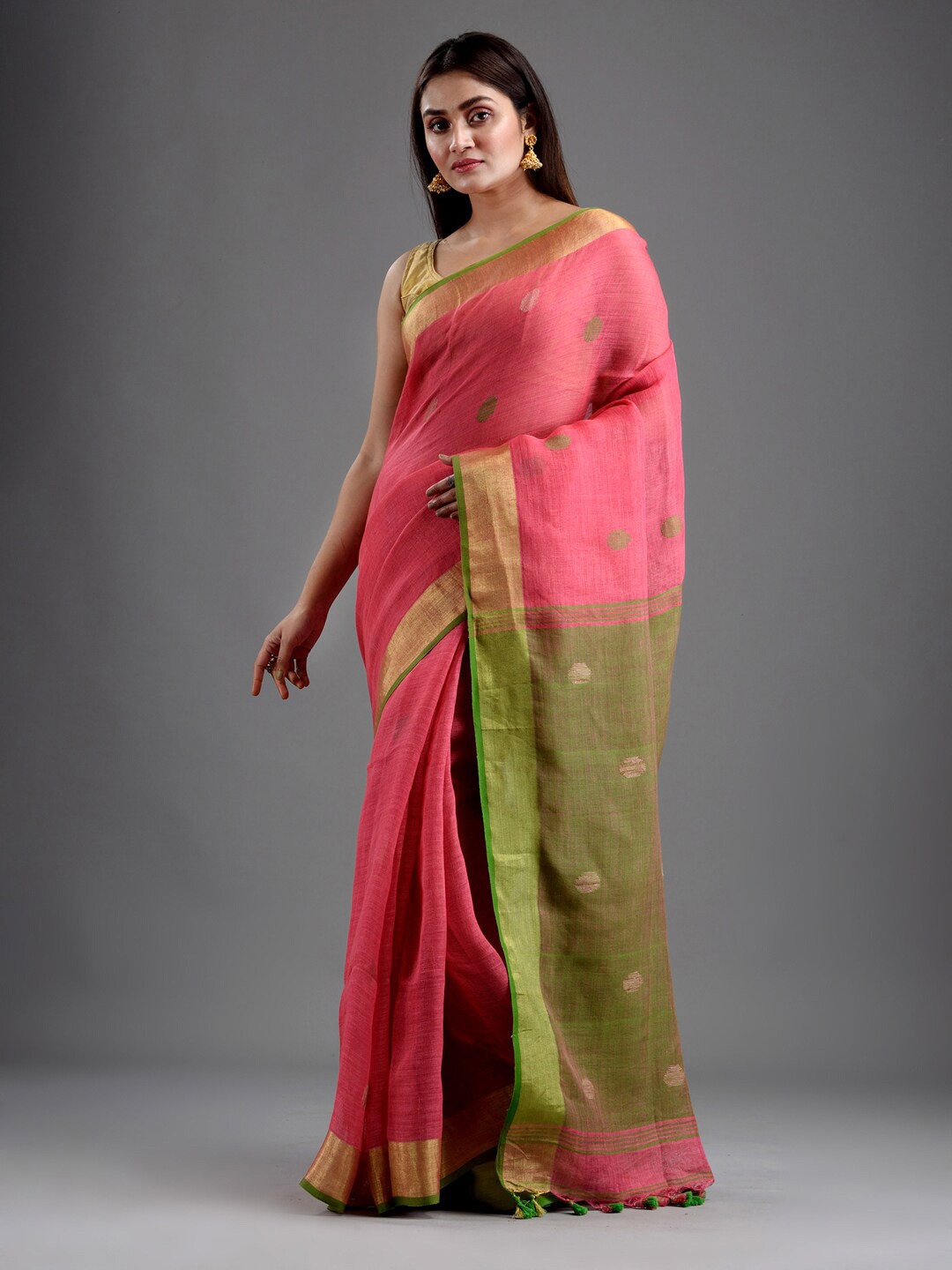 

Mitera Pink & Green Ethnic Motifs Zari Pure Linen Saree