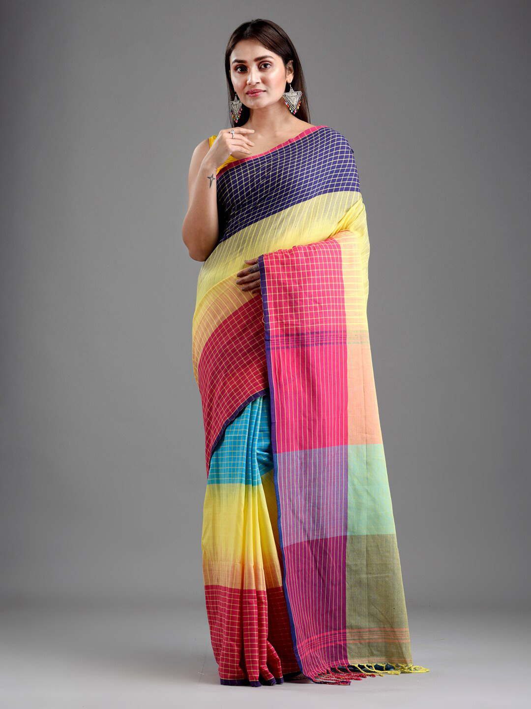 

Mitera Blue & Magenta Checked Pure Cotton Saree