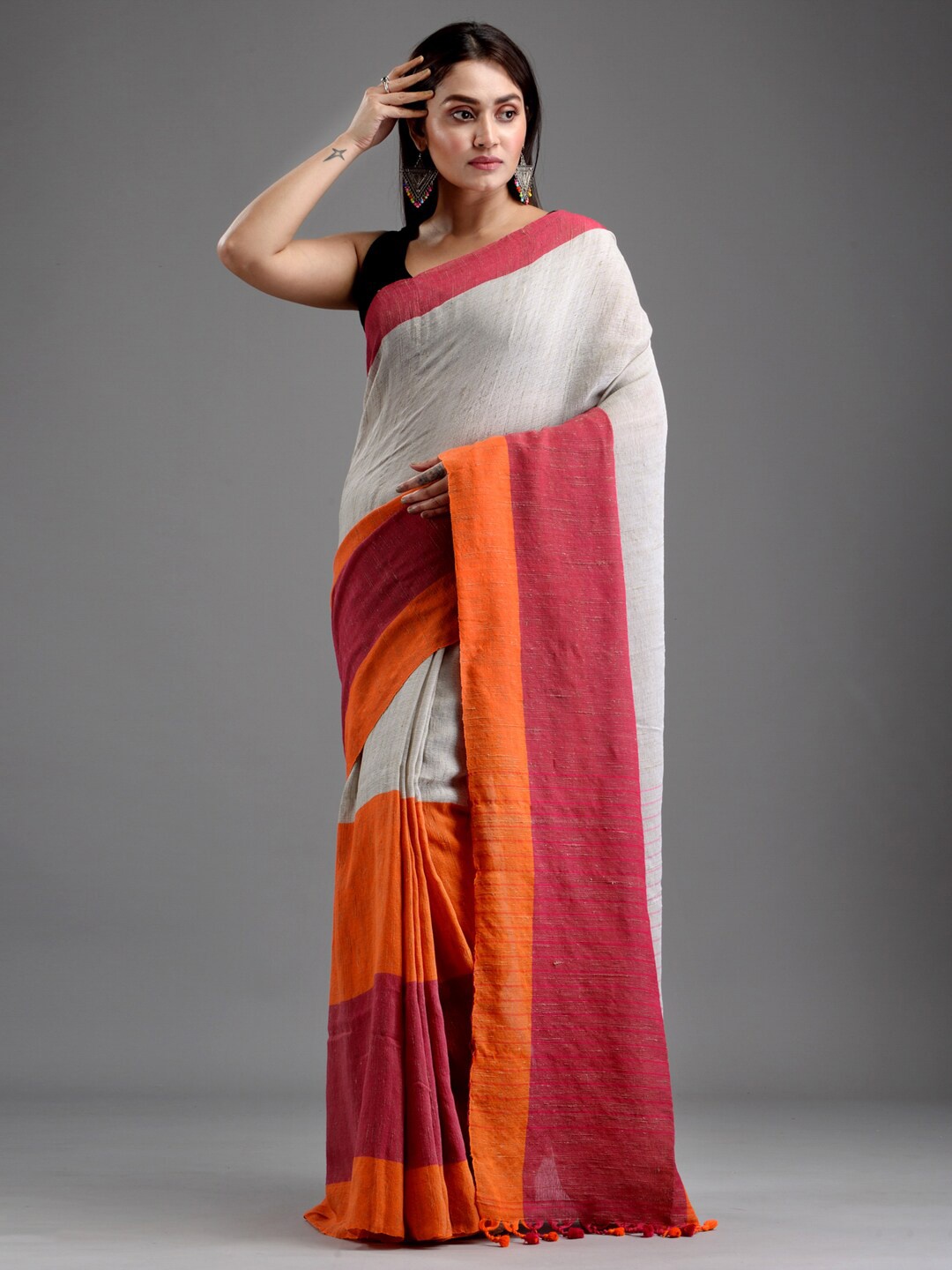 

Mitera Grey & Orange Colourblocked Pure Cotton Saree