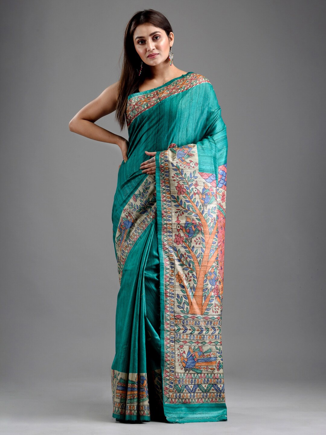 

Mitera Turquoise Blue & Red Ethnic Motifs Pure Silk Saree
