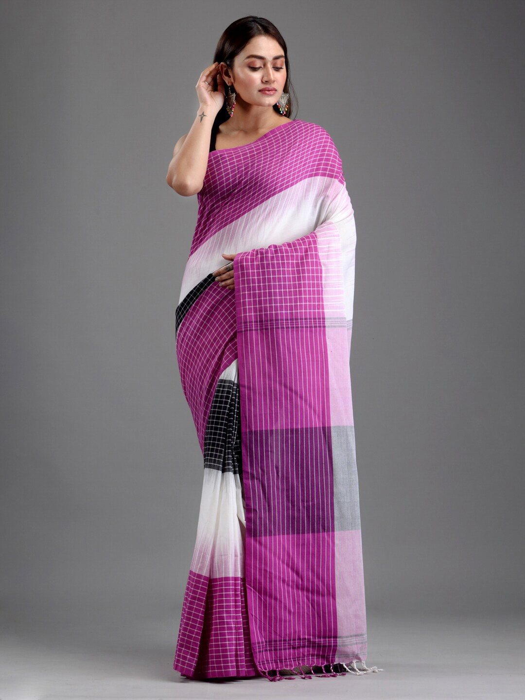 

Mitera Magenta & White Checked Pure Cotton Saree