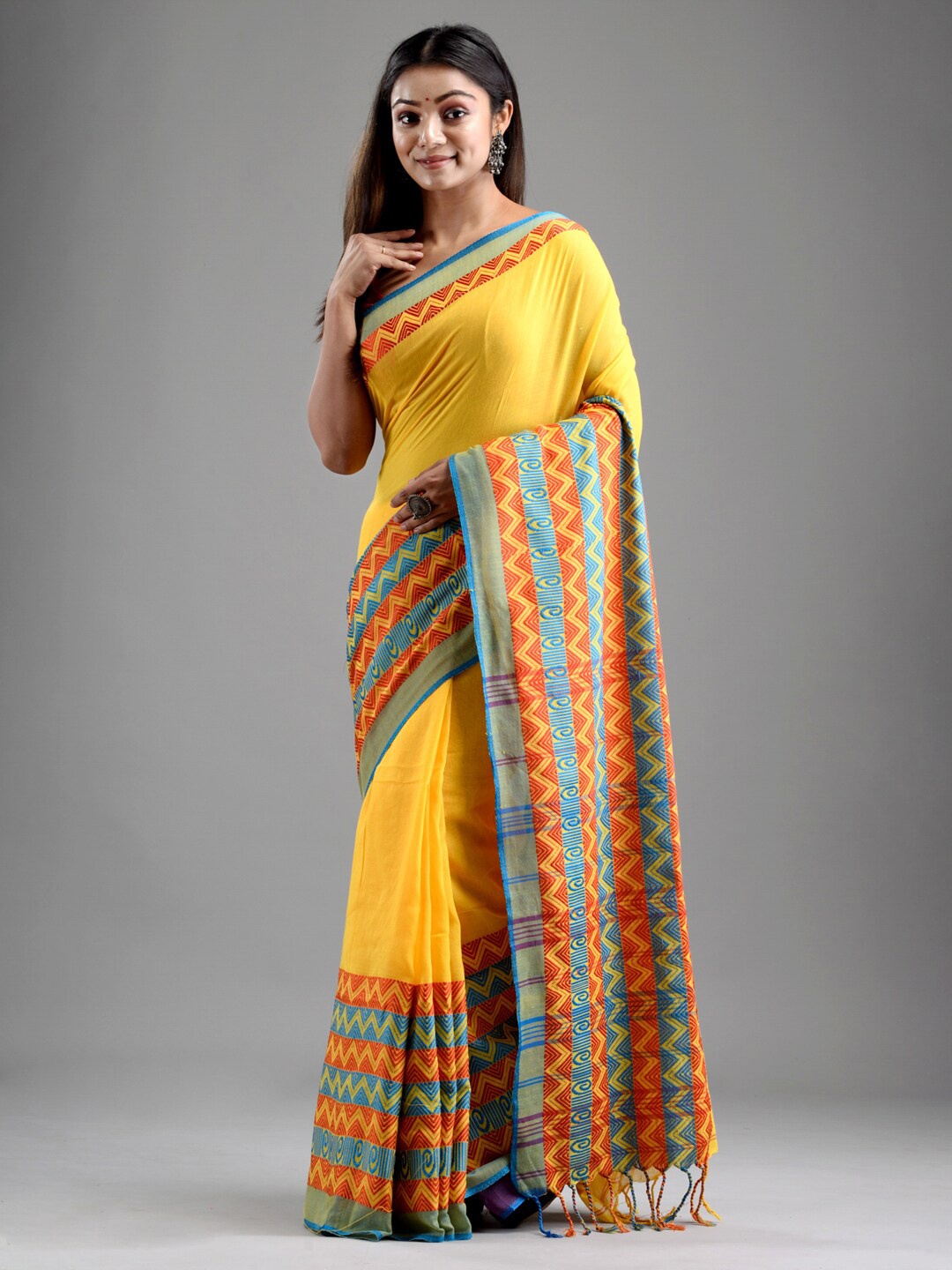 

Mitera Yellow & Blue Pure Cotton Saree