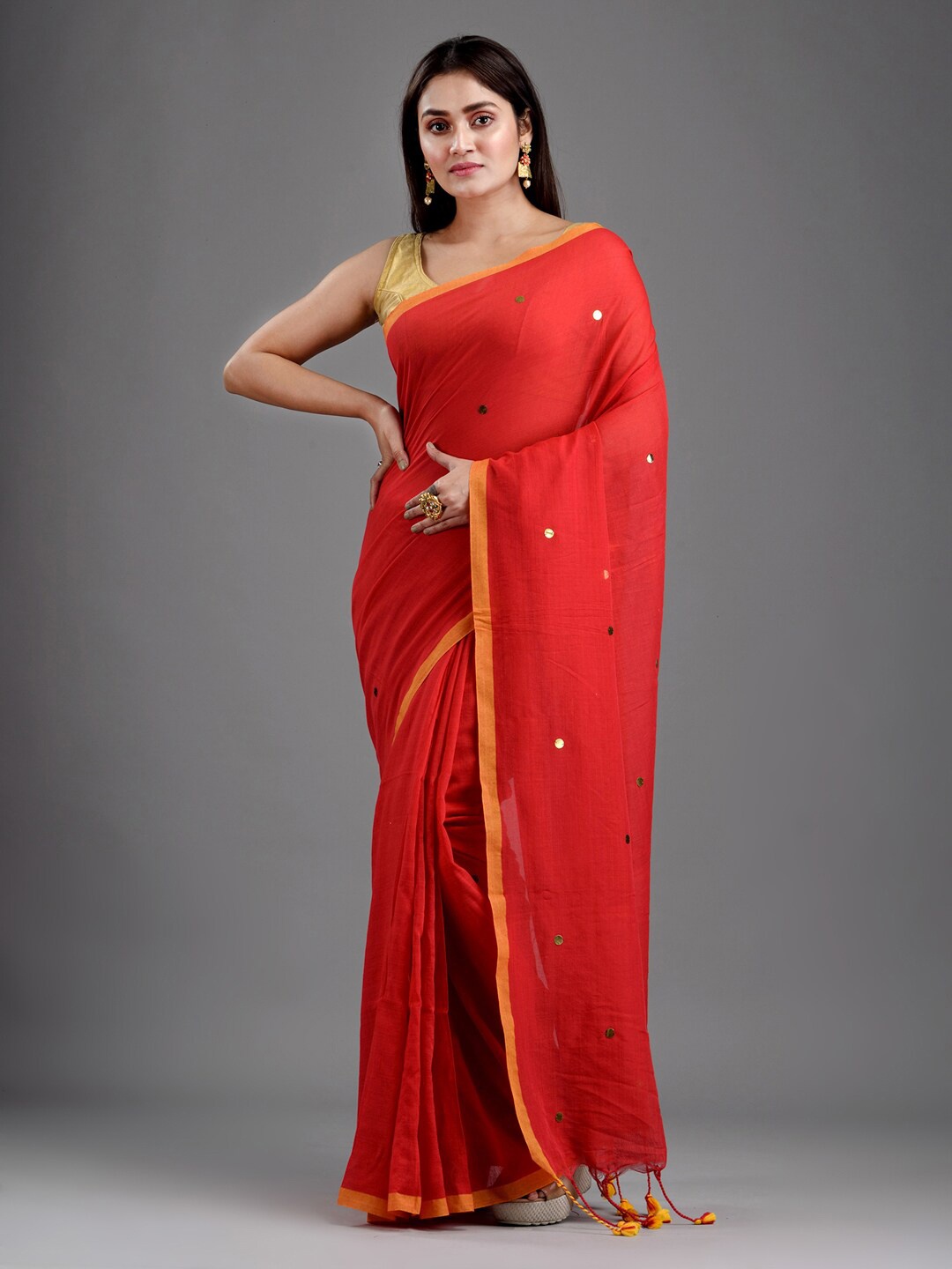 

Mitera Red & Orange Embellished Sequinned Handloom Pure Cotton Saree