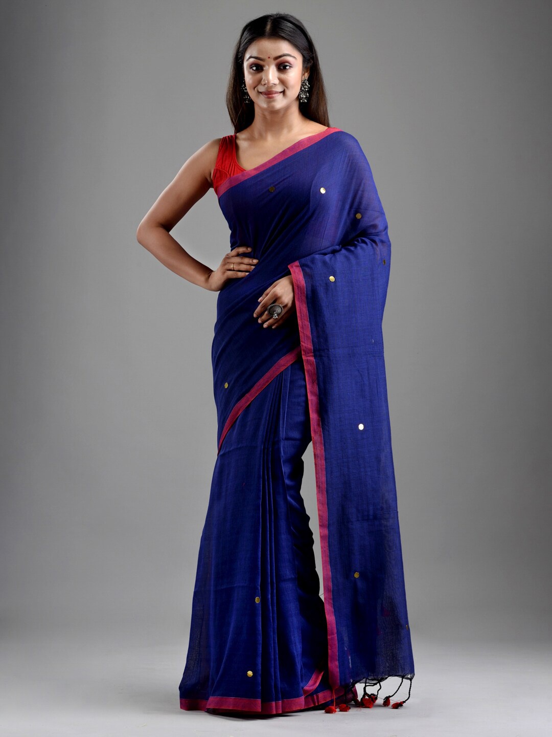 

Mitera Blue & Magenta Mirror Work Pure Cotton Saree