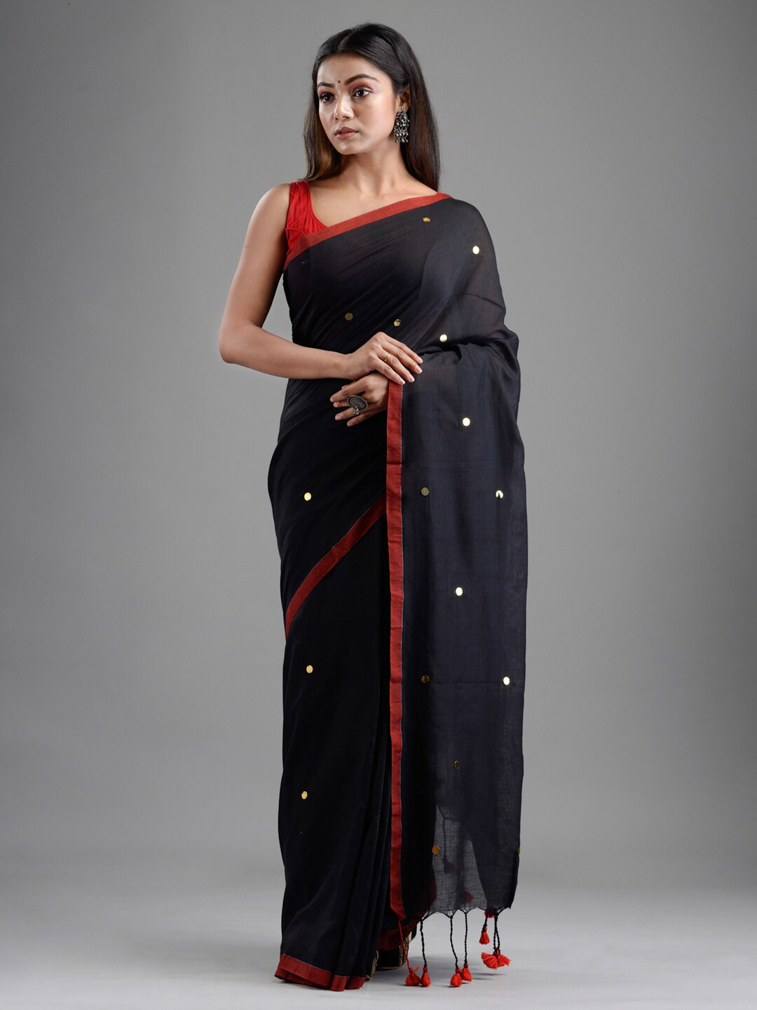 

Mitera Black & Red Woven Design Pure Cotton Saree