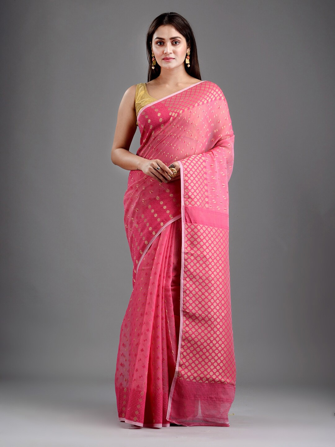 

Mitera Pink Silk Cotton Jamdani Saree