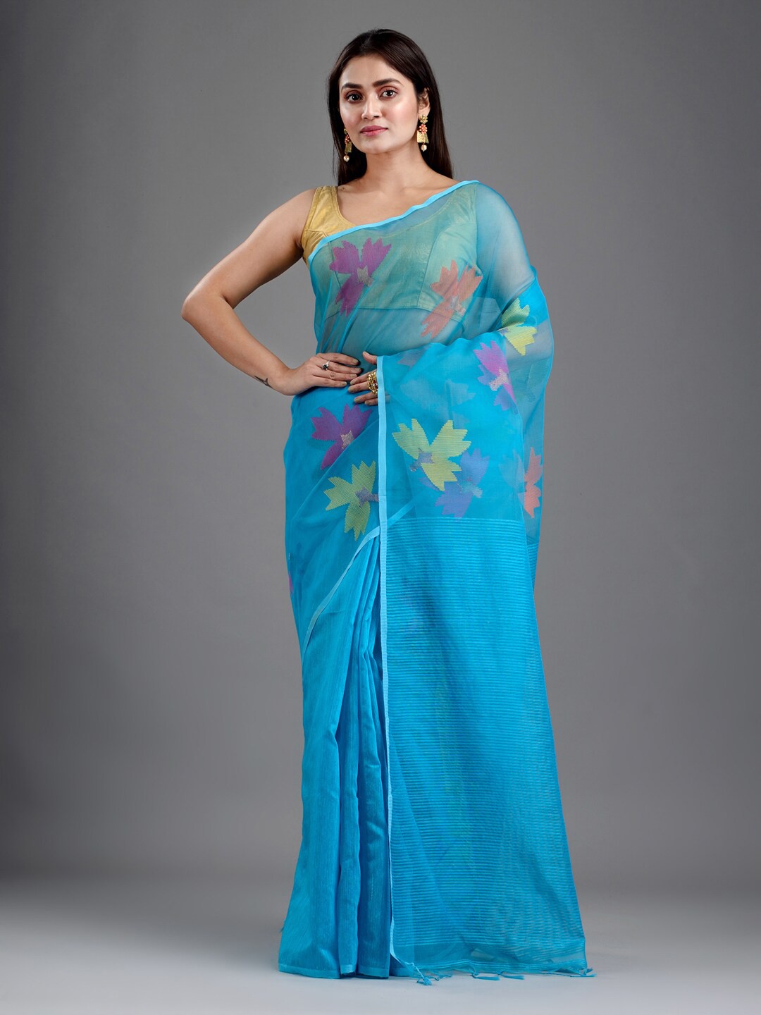 

Mitera Turquoise Blue & Magenta Woven Design Art Silk Jamdani Saree