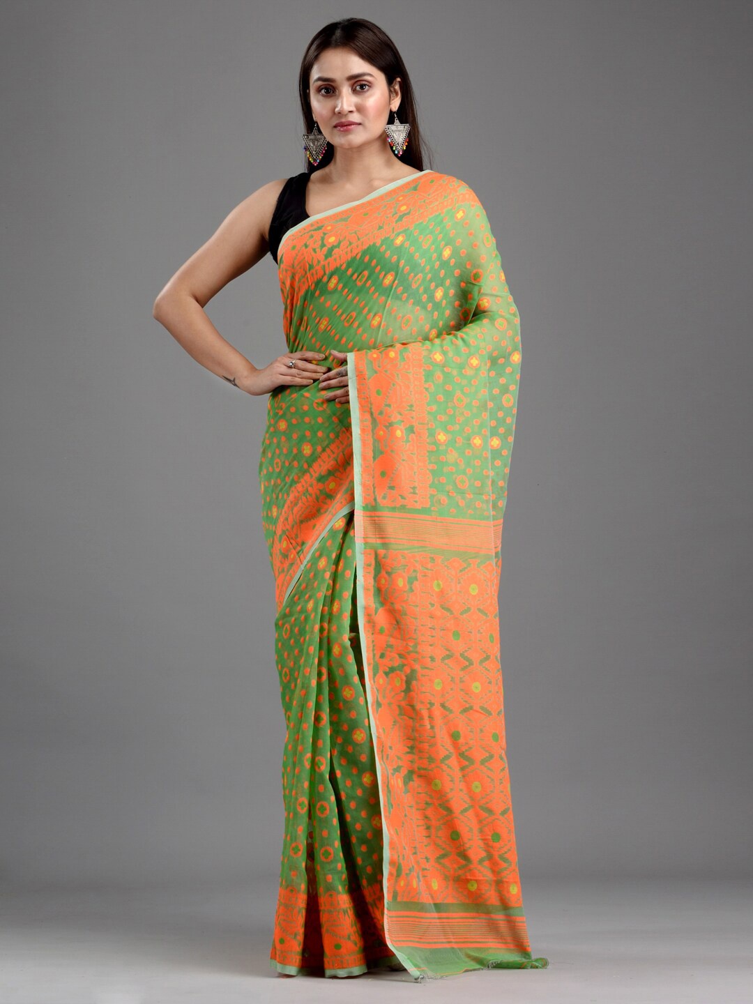 

Mitera Green & Orange Silk Cotton Jamdani Saree