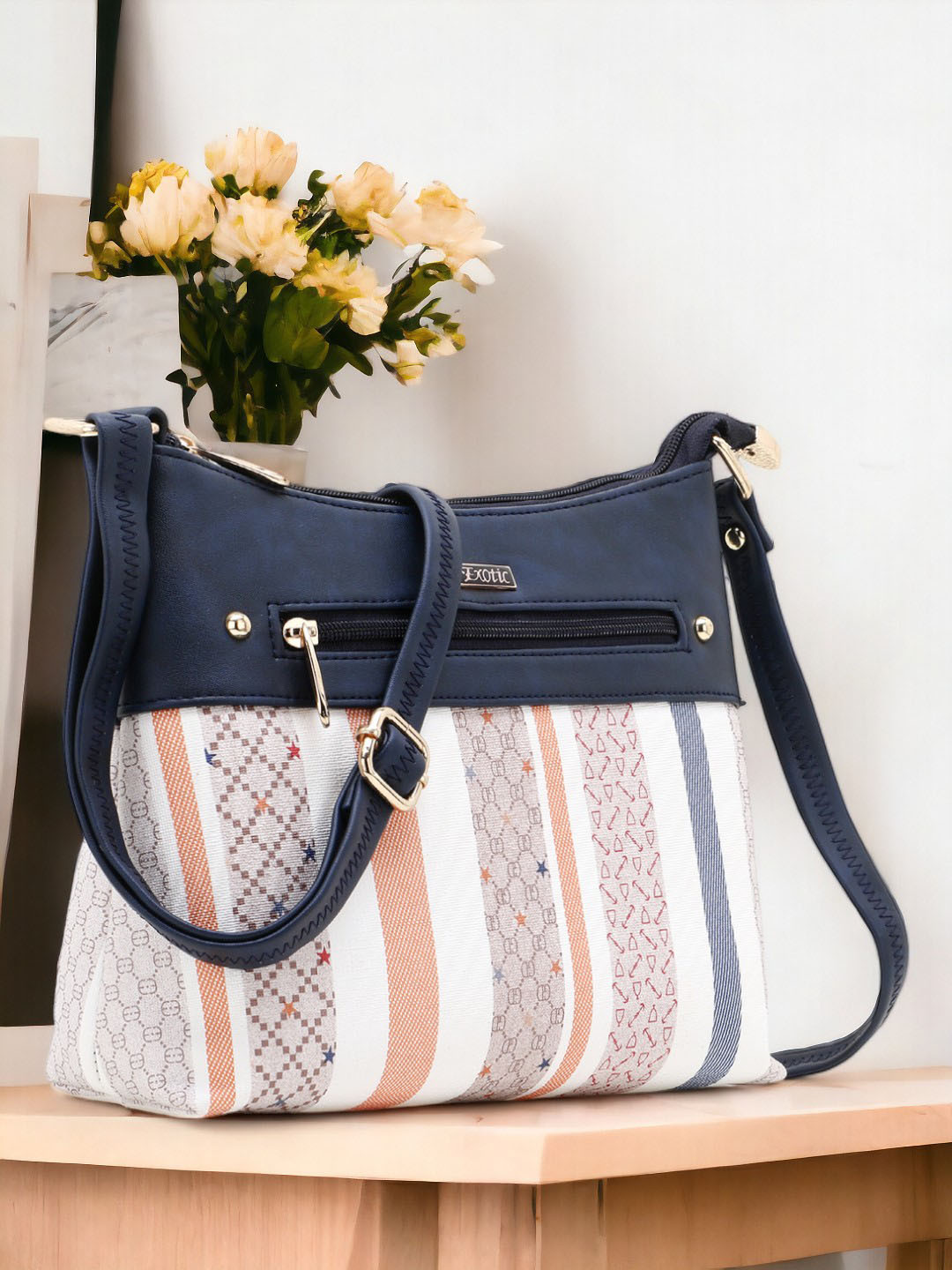 

Exotic Blue Striped PU Structured Sling Bag
