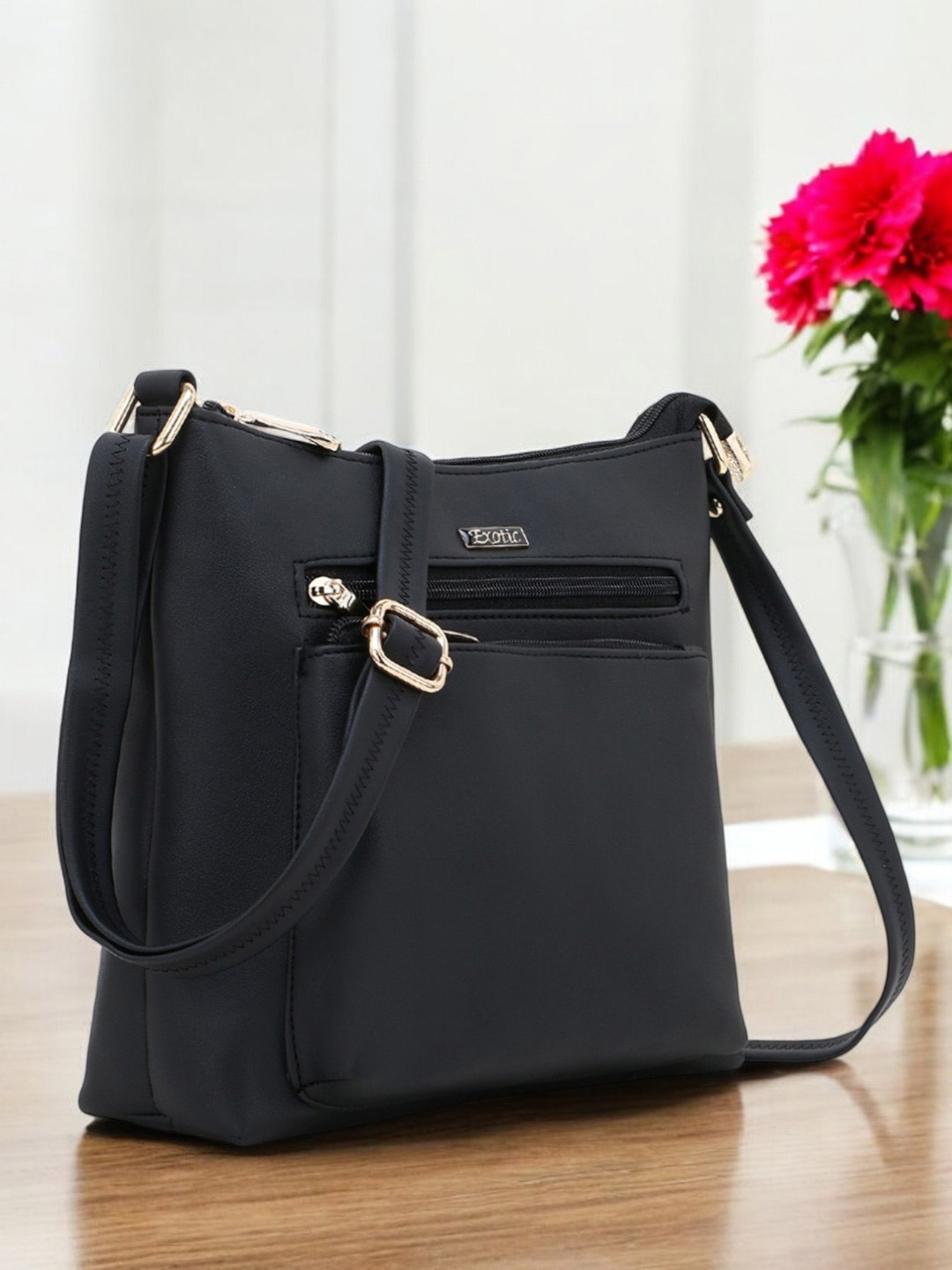 

Exotic Black PU Structured Sling Bag