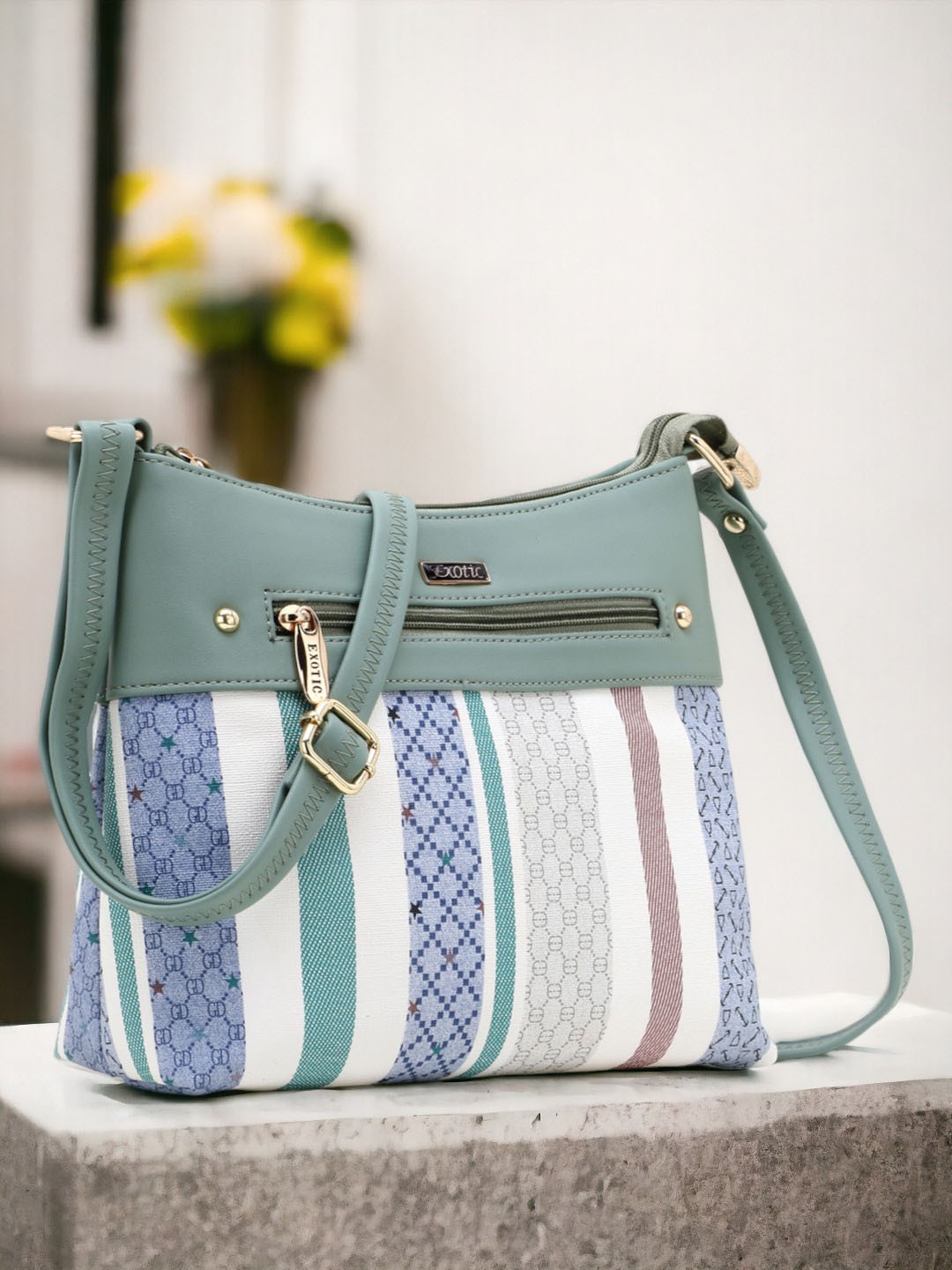 

Exotic Green Striped PU Structured Sling Bag