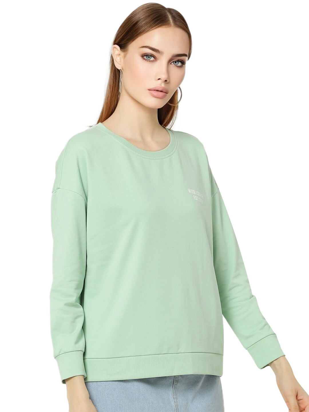 

ONLY Women Green Solid Round Neck Sweatshirt