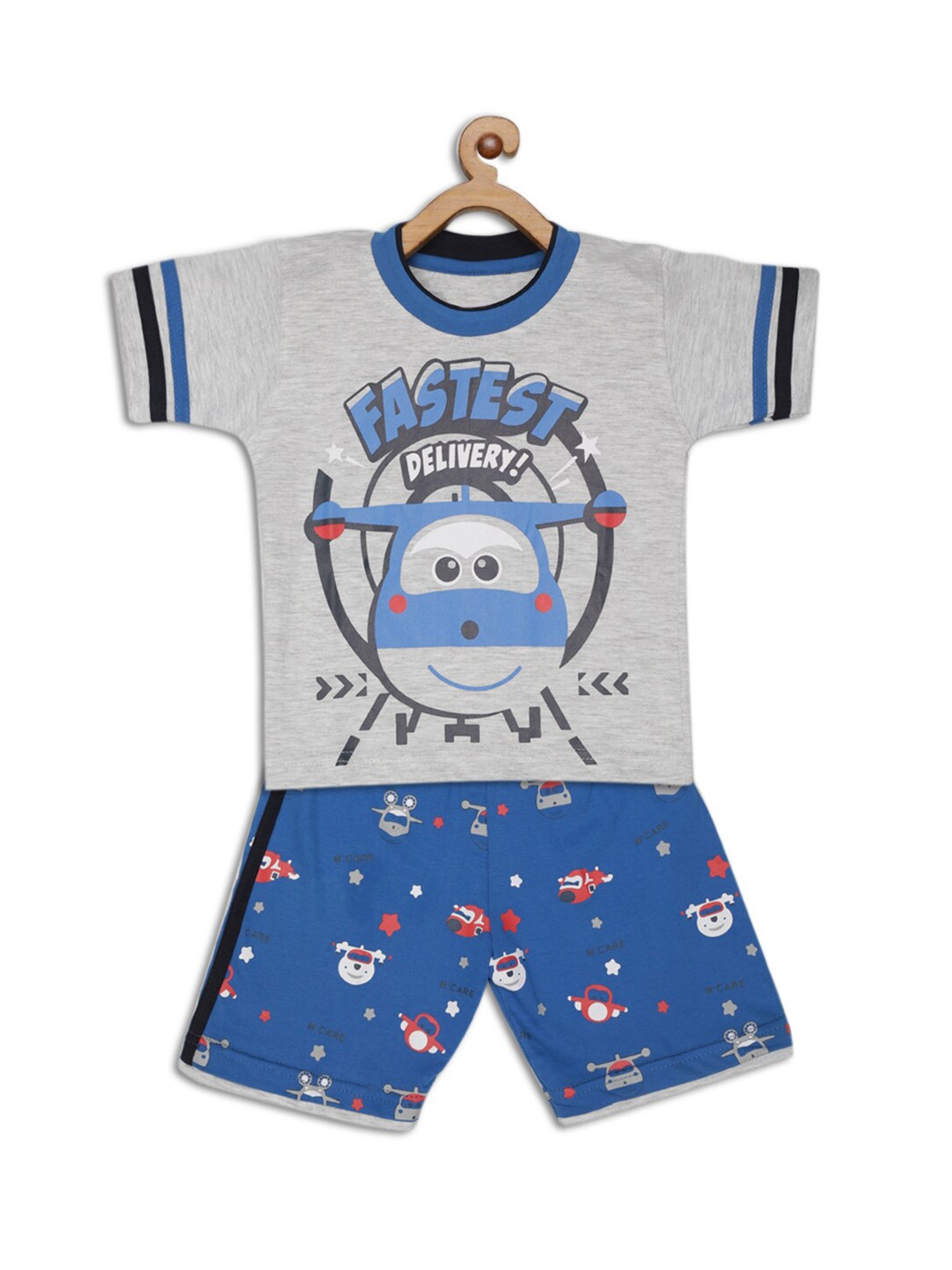 

JBN Creation Boys Grey & Blue Printed T-shirt with Shorts