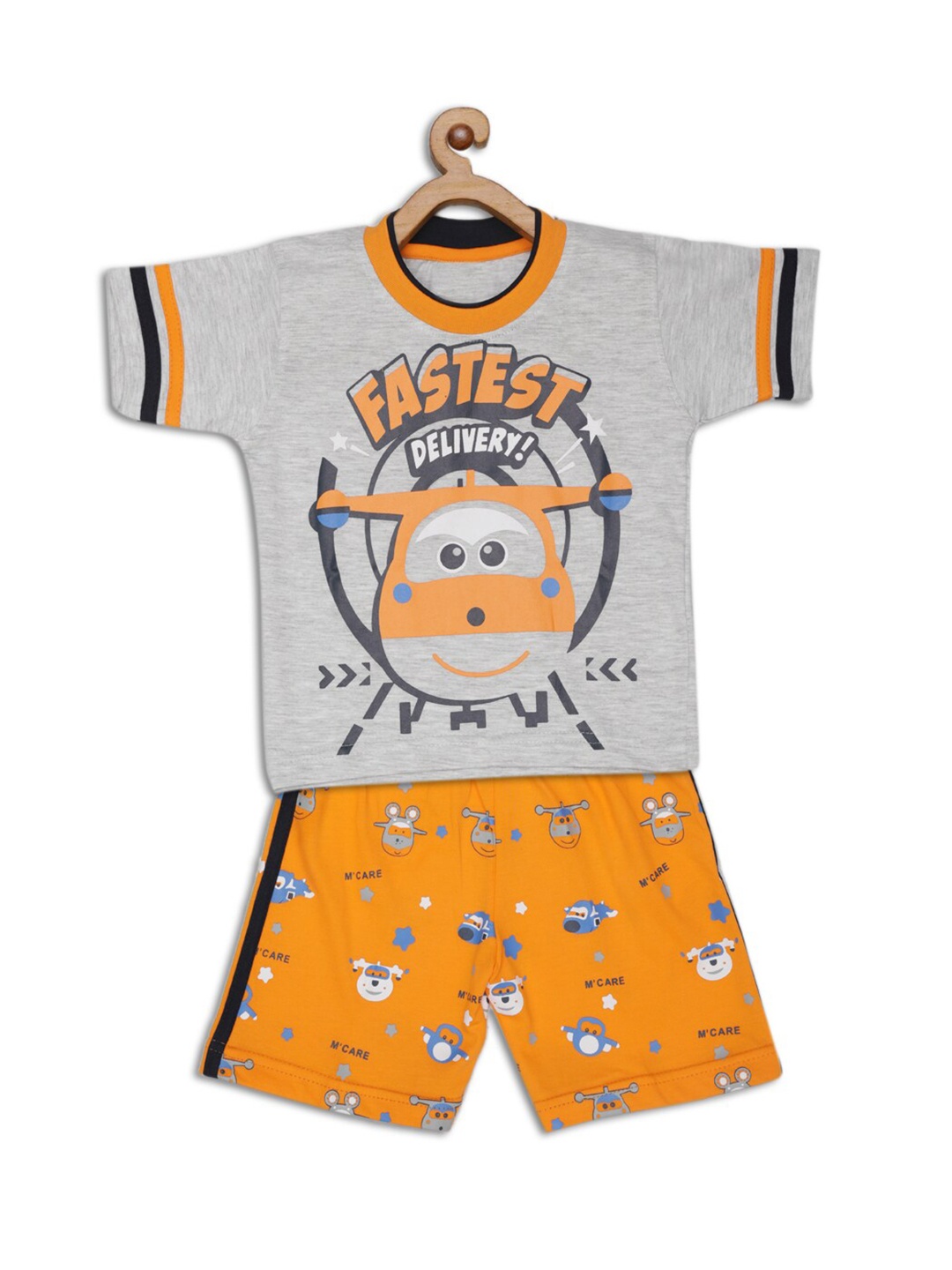 

JBN Creation Boys Grey & Orange Printed Pure Cotton T-shirt with Shorts