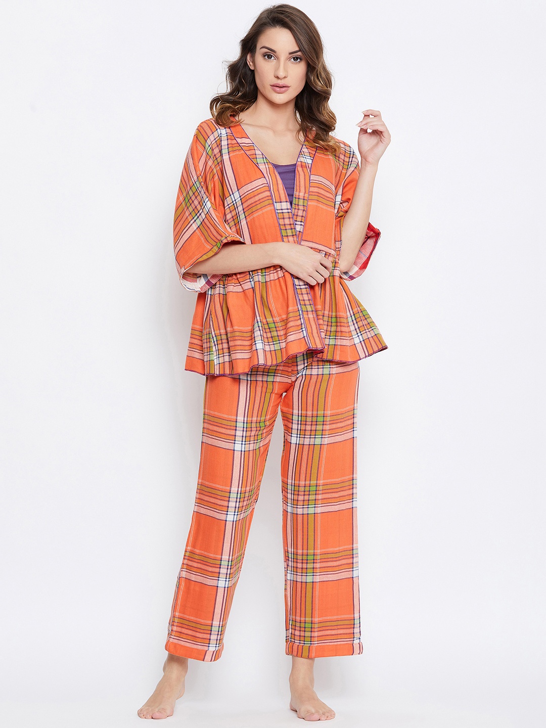 

The Kaftan Company Women Orange & Green Checked Reversible Night suit