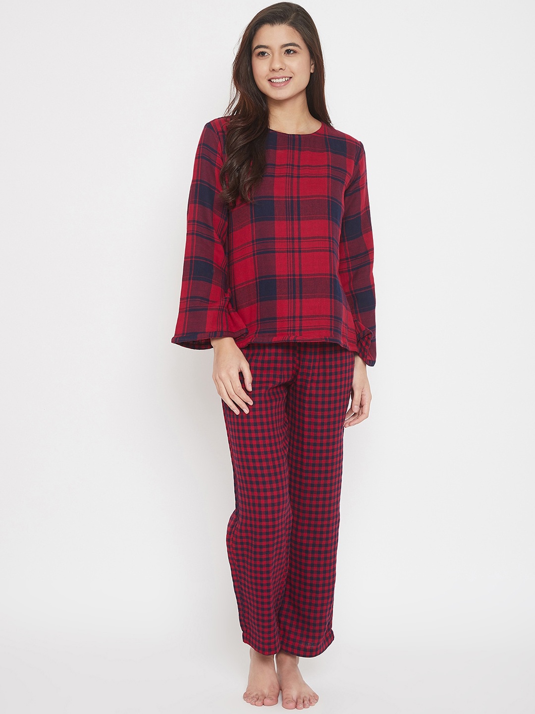 

The Kaftan Company Women Red & Blue Reversible Checked Pure Cotton Night Suit