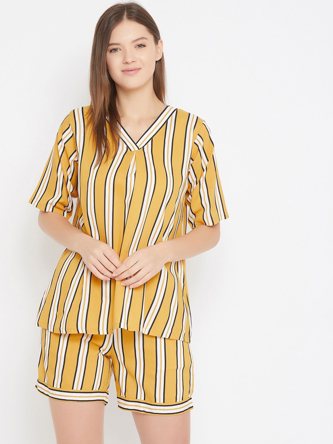 

The Kaftan Company Women Yellow & White Striped Top & Shorts Night suit