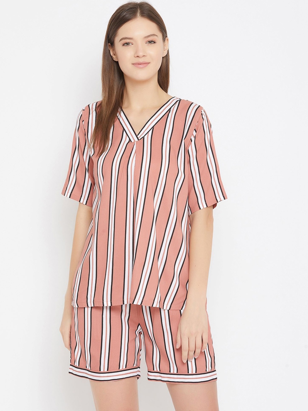 

The Kaftan Company Women Pink & White Striped Top & Shorts Night Suit