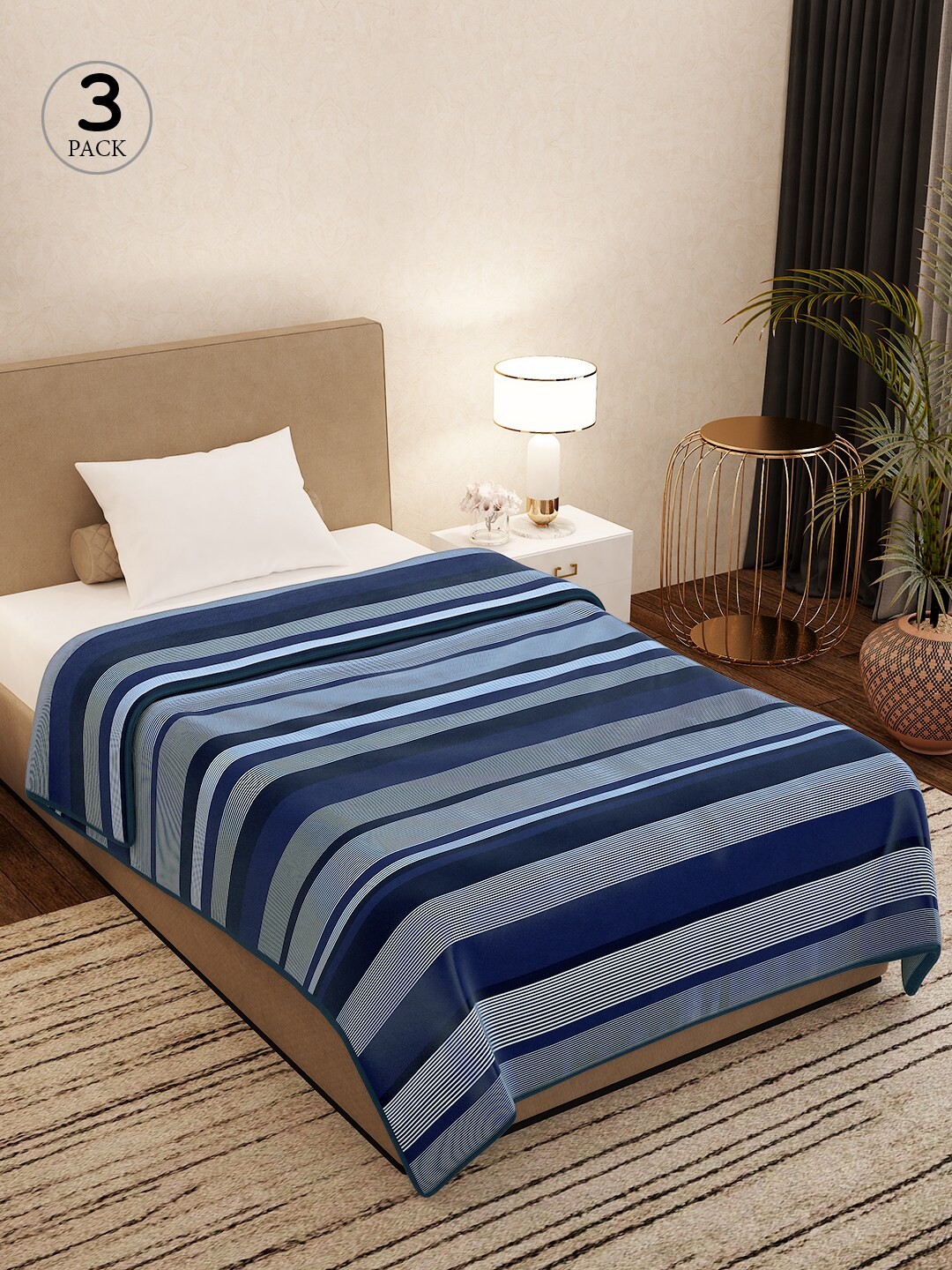 

Story@home Blue Set of 3 Striped AC Room 400 GSM Single Bed Blanket