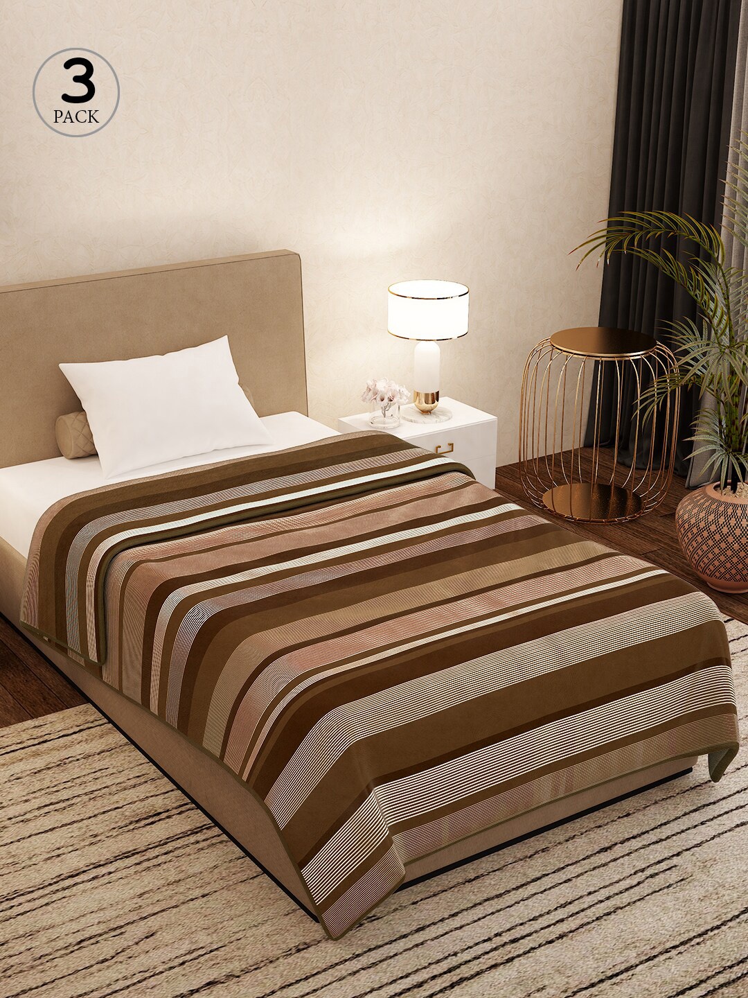 

Story@home Brown Set of 3 Striped AC Room 400 GSM Single Bed Blanket