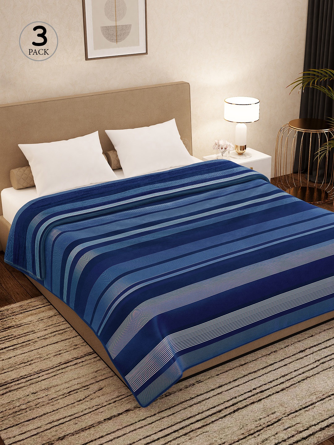 

Story@home Blue Set of 3 Striped AC Room 400 GSM Double Bed Blanket