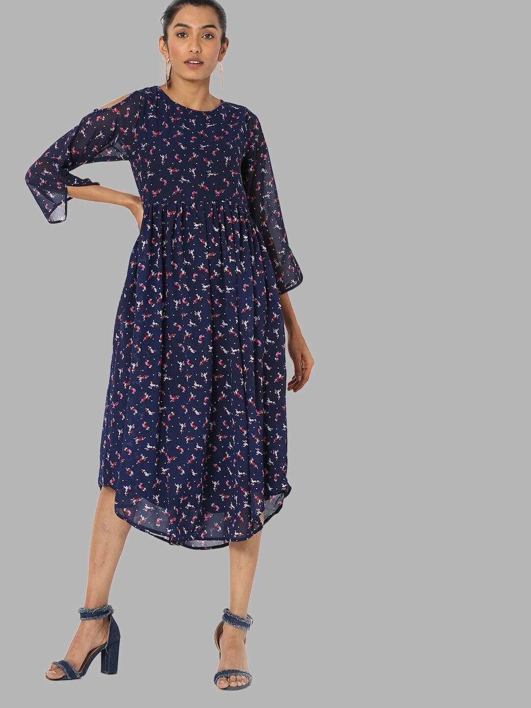 

Bitterlime Navy Blue Floral Georgette A-Line Midi Dress
